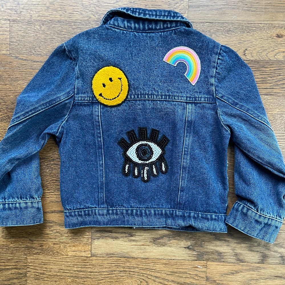 miki miette denim jacket with smiley, rainbow & evil eye patches in EUC. Size 3